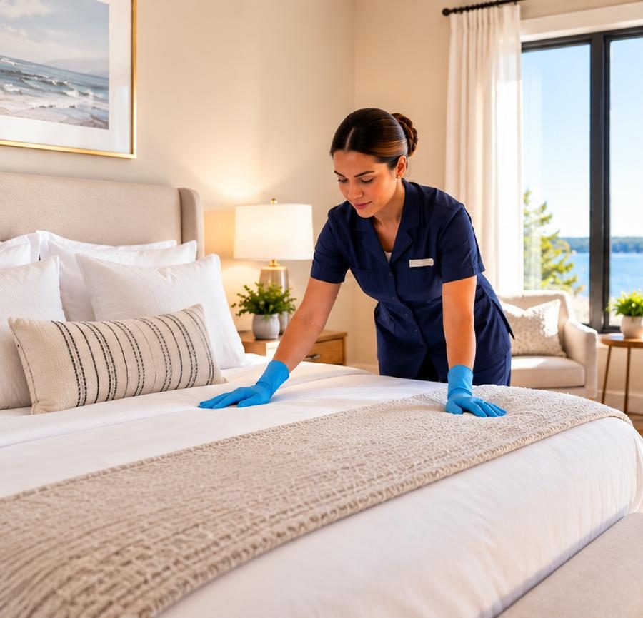 A Bright & Beyond cleaner making up the bed in a guest room between stays