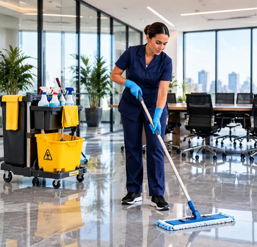 A Bright & Beyond cleaner mopping the floor of an open-plan office