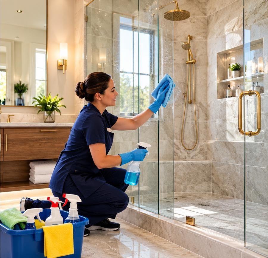 A Bright & Beyond cleaner scrubbing a glass shower screen during a deep clean