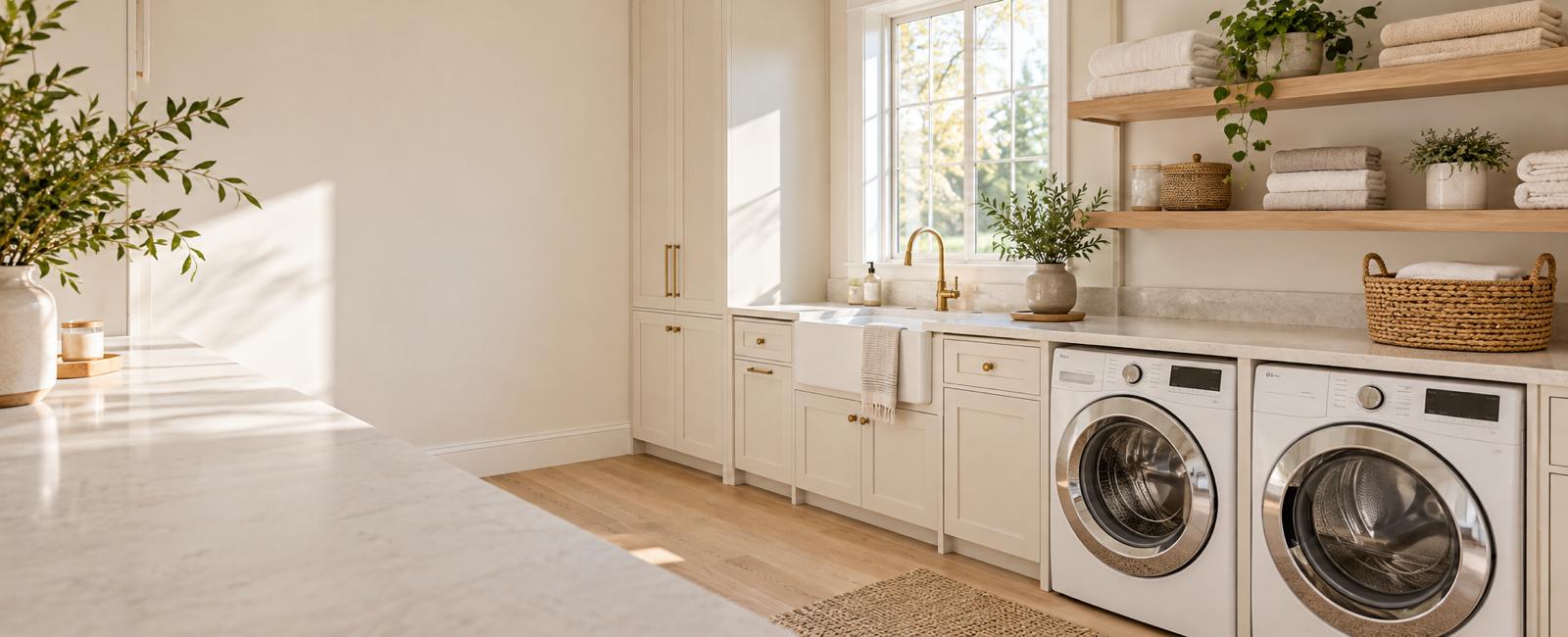 A bright, freshly cleaned laundry room with folded towels on open shelving