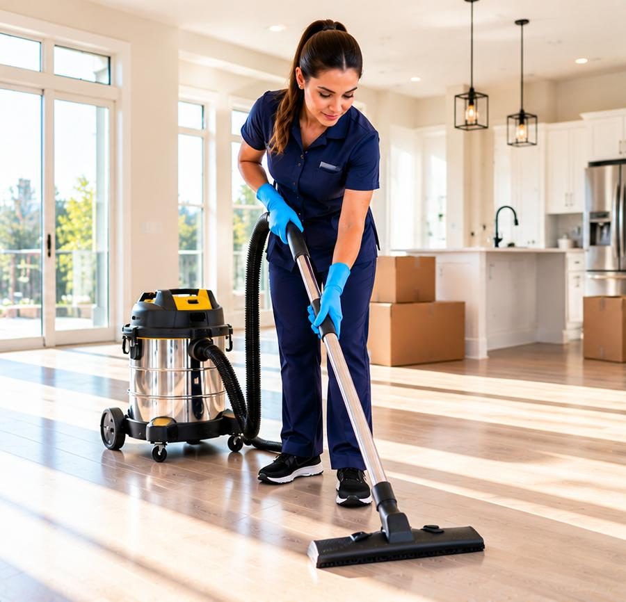 A Bright & Beyond cleaner vacuuming an empty home surrounded by moving boxes