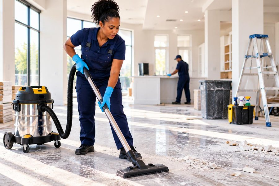 A Bright & Beyond cleaner vacuuming construction dust from a floor in a newly built home