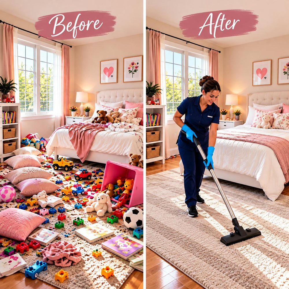 Before and after: a child's bedroom covered in toys, then the same room tidied with a Bright & Beyond cleaner vacuuming the rug